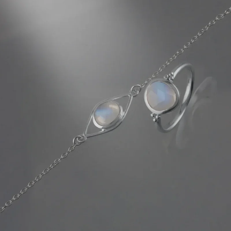 Rainbow Moonstone Meaning Elegant rainbow  STYLE stone with a mesmerizing play of colors, showcasing its ethereal glow and natural beauty. Its a Semi PRecious Gem stone popular in young crowd for its benefits like Emotional Balance & Inner Peace,Enhances Intuition & Spiritual Growth,Supports Love & Relationships, Boosts Creativity & Inspiration, Physical Healing Properties